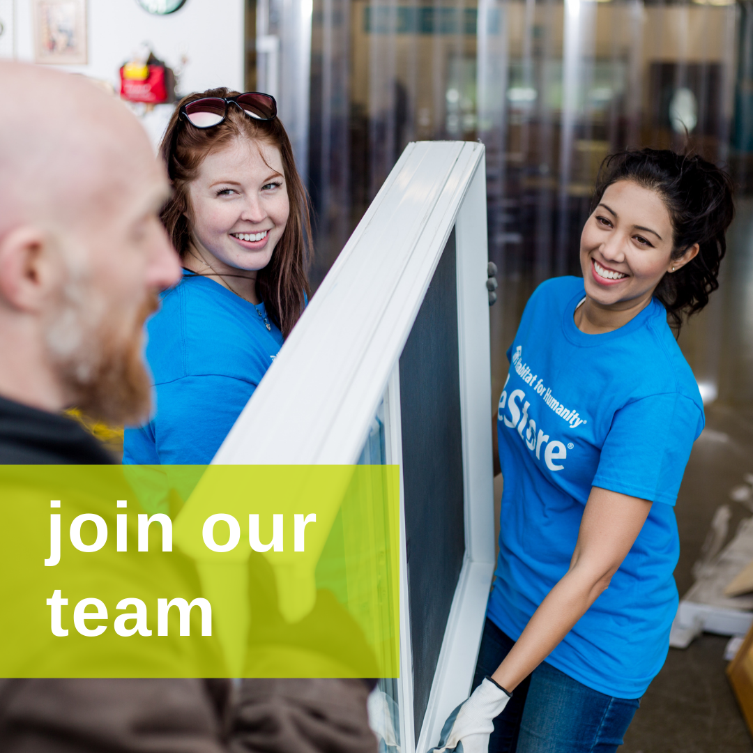 Two Restore staff members are helping a customer with a window. In a green box below, it says ' join our team'