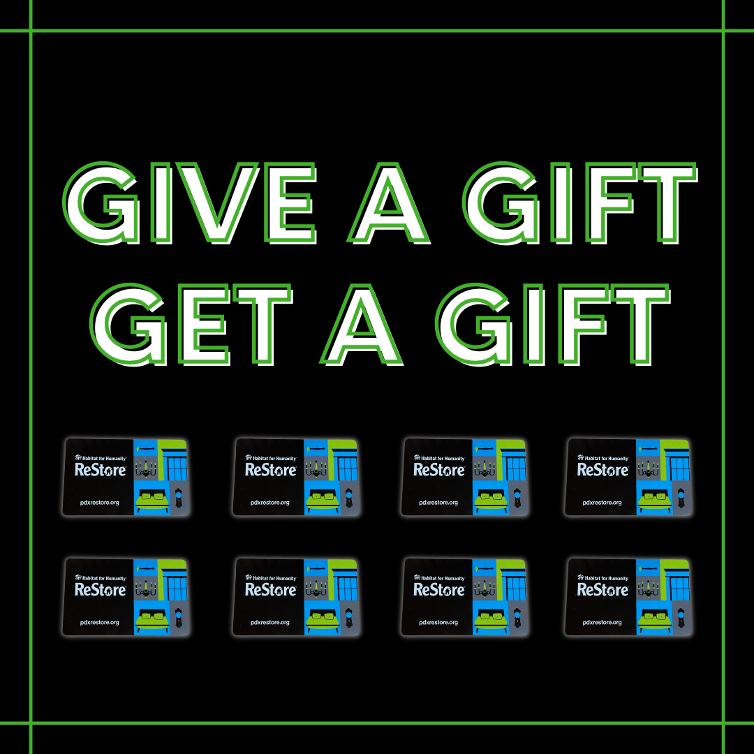 Black background with eight ReStore gift cards and above saying " give a gift, get a gift"