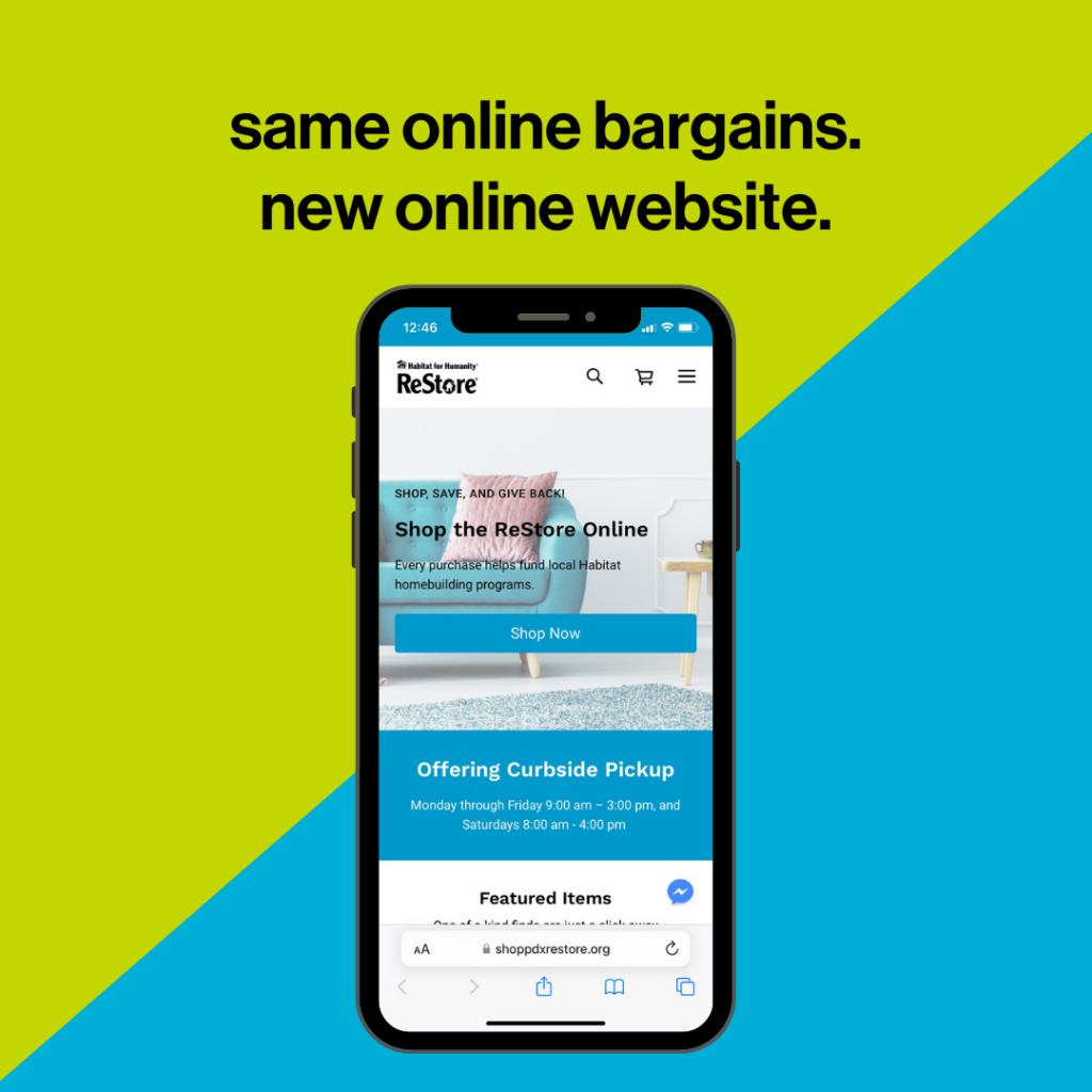 A split green and blue background that has iPhone in the middle with the screen of the ReStore website. Above the phone in black letters says" sane online bargains. new online website."