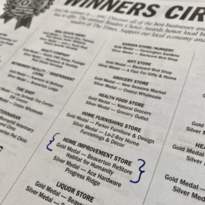 Image of the newspaper stating that the Beaverton Restore is elected as one of the best businesses in the Valley Times. 