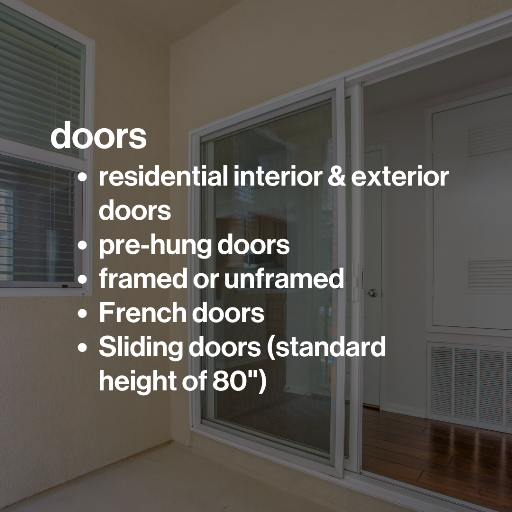 Image of sliding glass doors with list of types of doors with the July Donation Pickup Discount