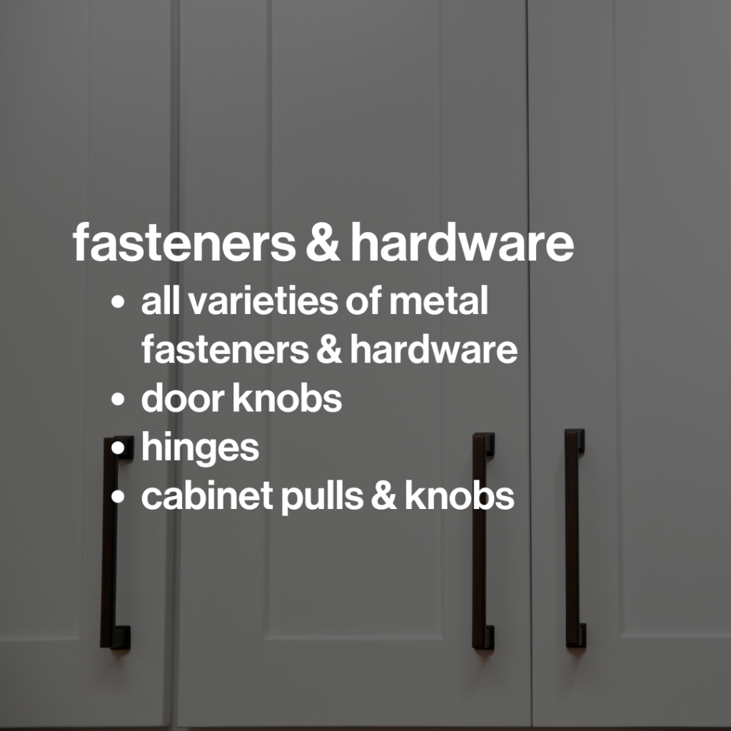 Image of cabinet door hardware with list of types of hardware and fasteners accepted with the July Donation Pickup Discount