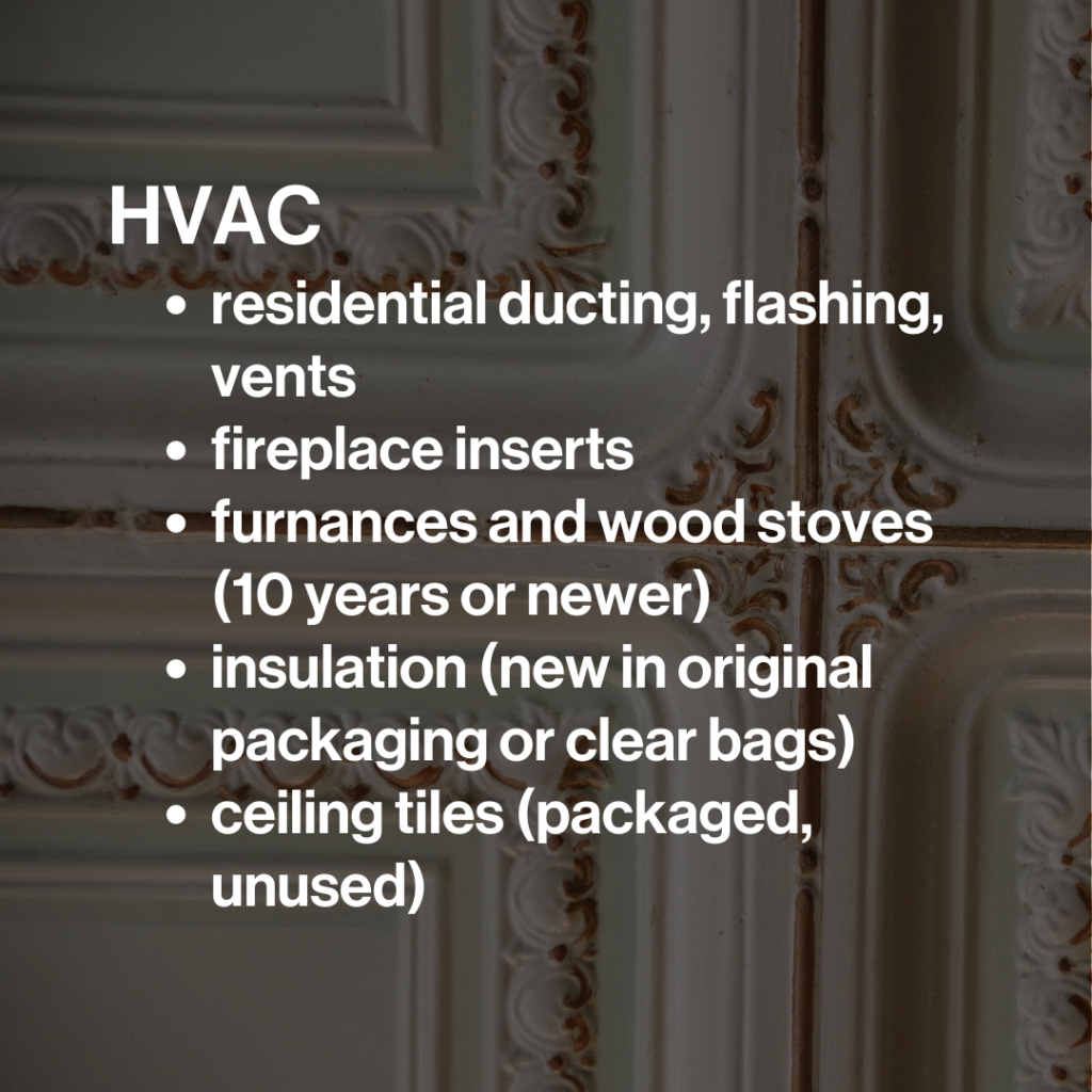 Image of decorative doors with list of types of HVAC items accepted with the July Donation Pickup Discount