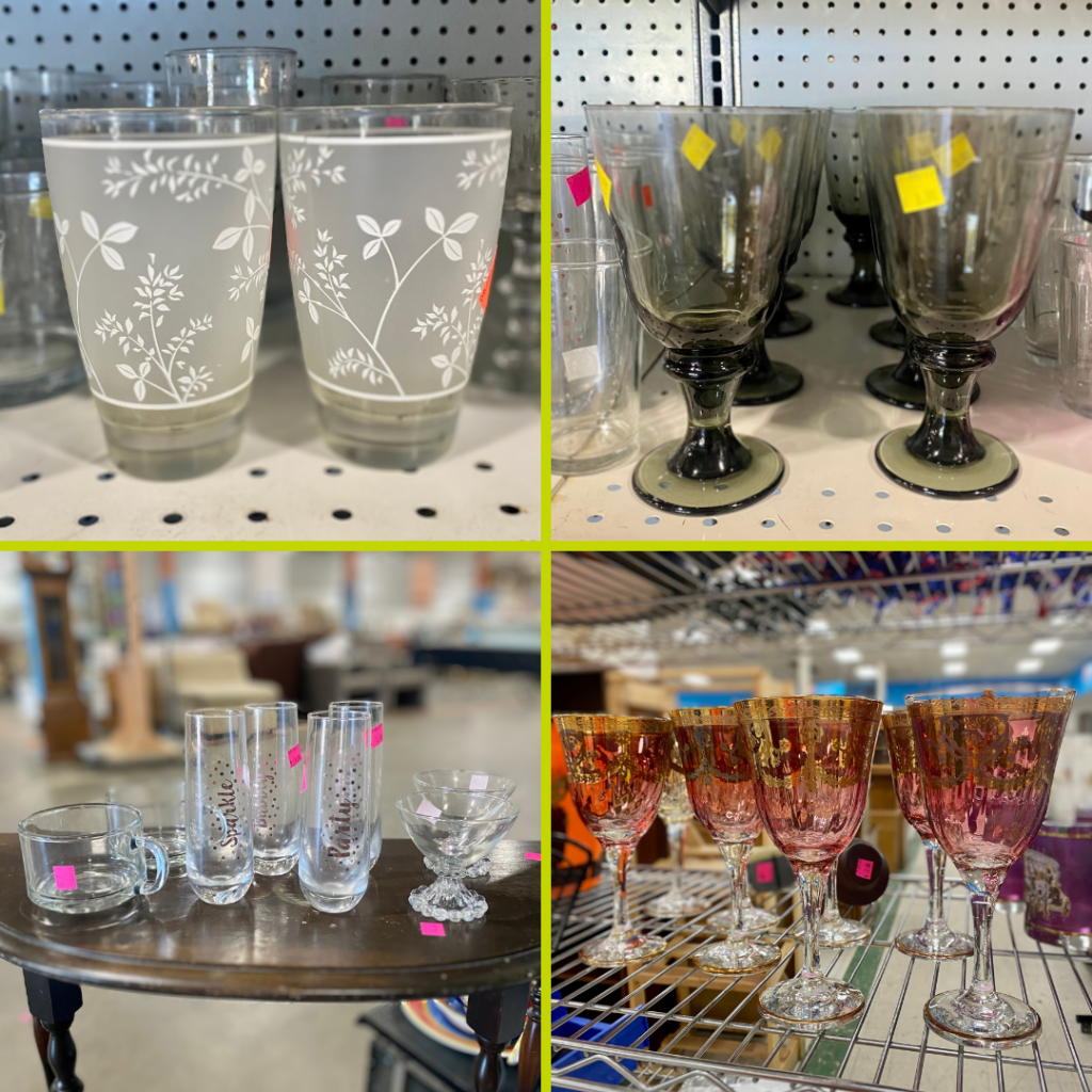 4 images including decorated glasses, tan stemware, clear mixed glasses and rose tinted stemware