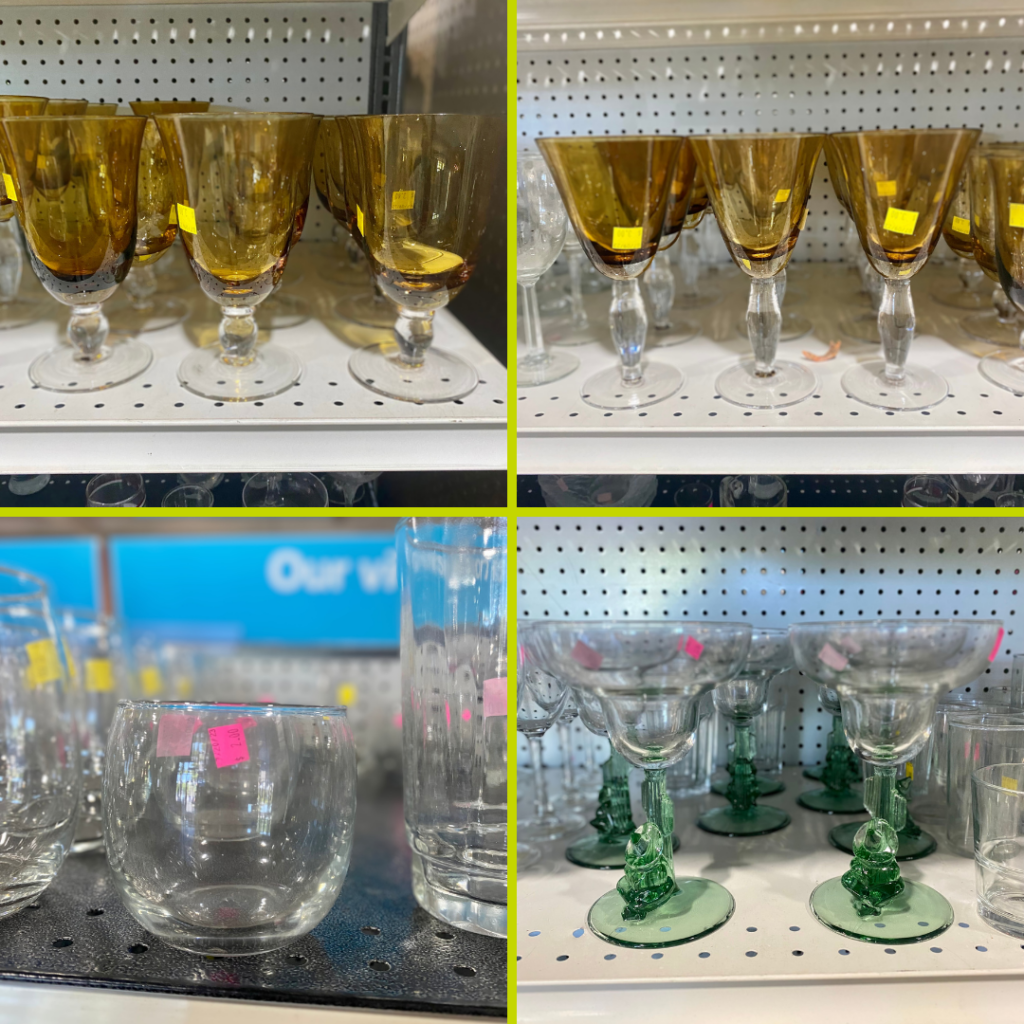 Four images with gold colored stemware, green cocktail glasses and clear glasses
