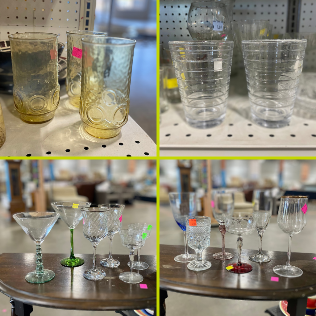 4 images of light gold and clear glasses plus 2 groups of stemware