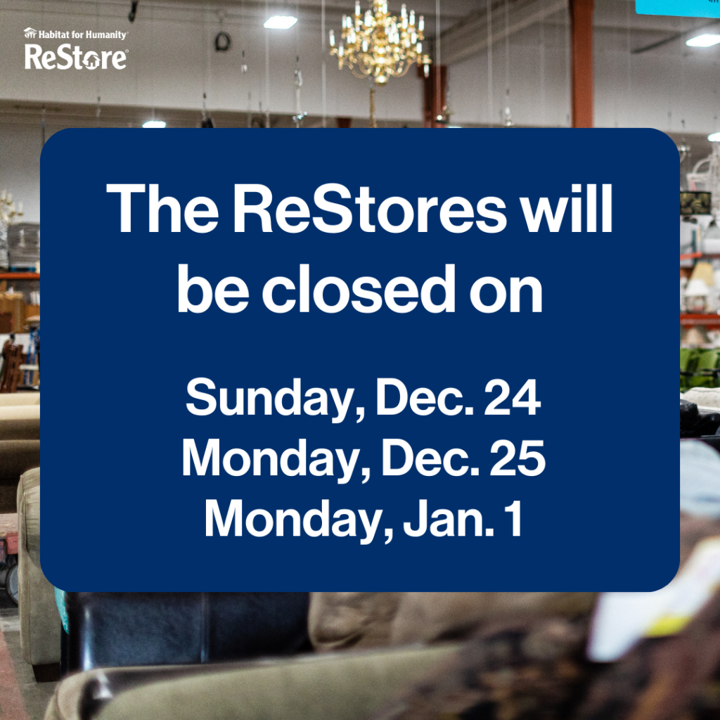 ReStores closure hours and days on image of furniture section a ReStore.
