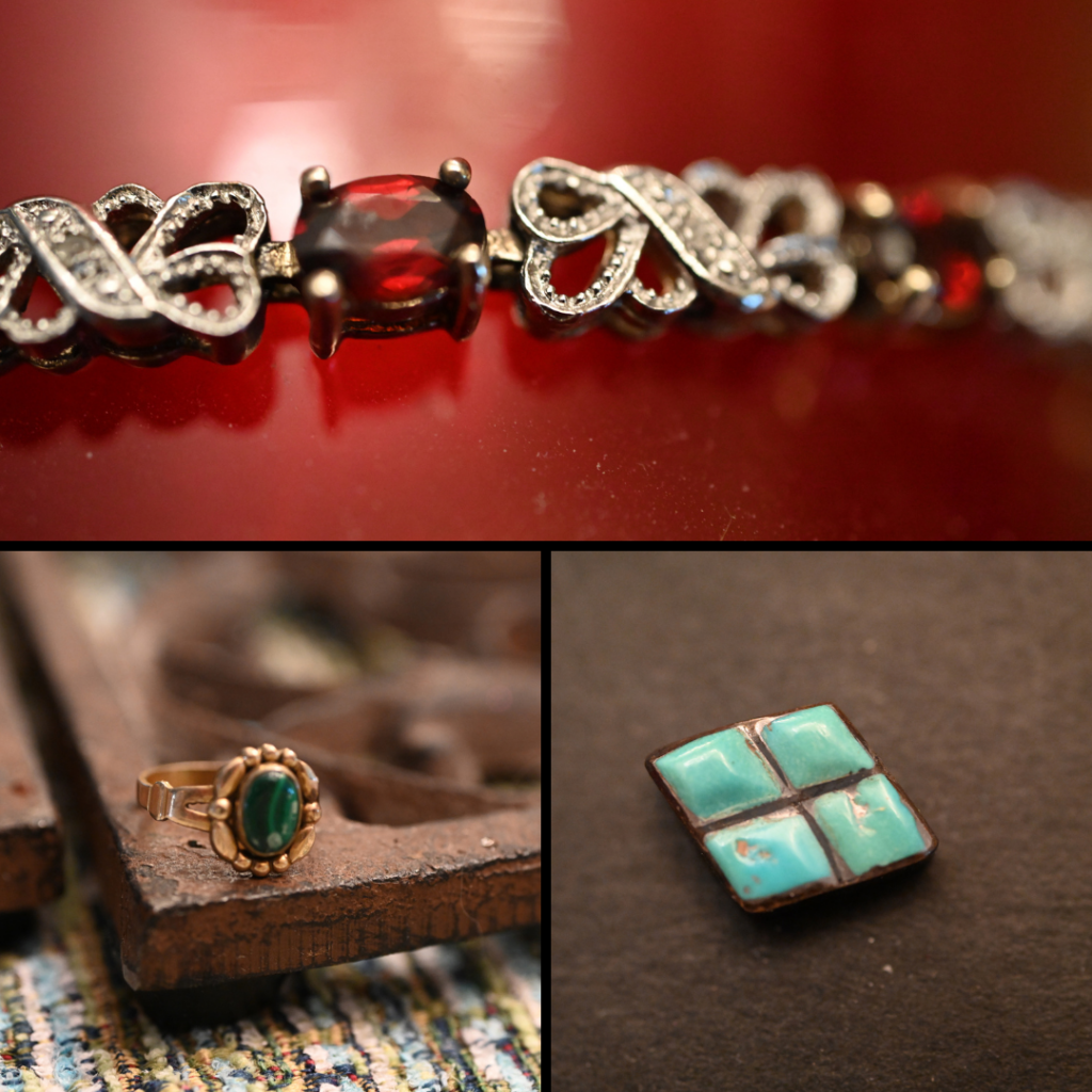 3 Vintage items including a necklace of red stones linked with curved silver bejeweled links; a gold ring with green stone and a 4 stone Turquoise pin