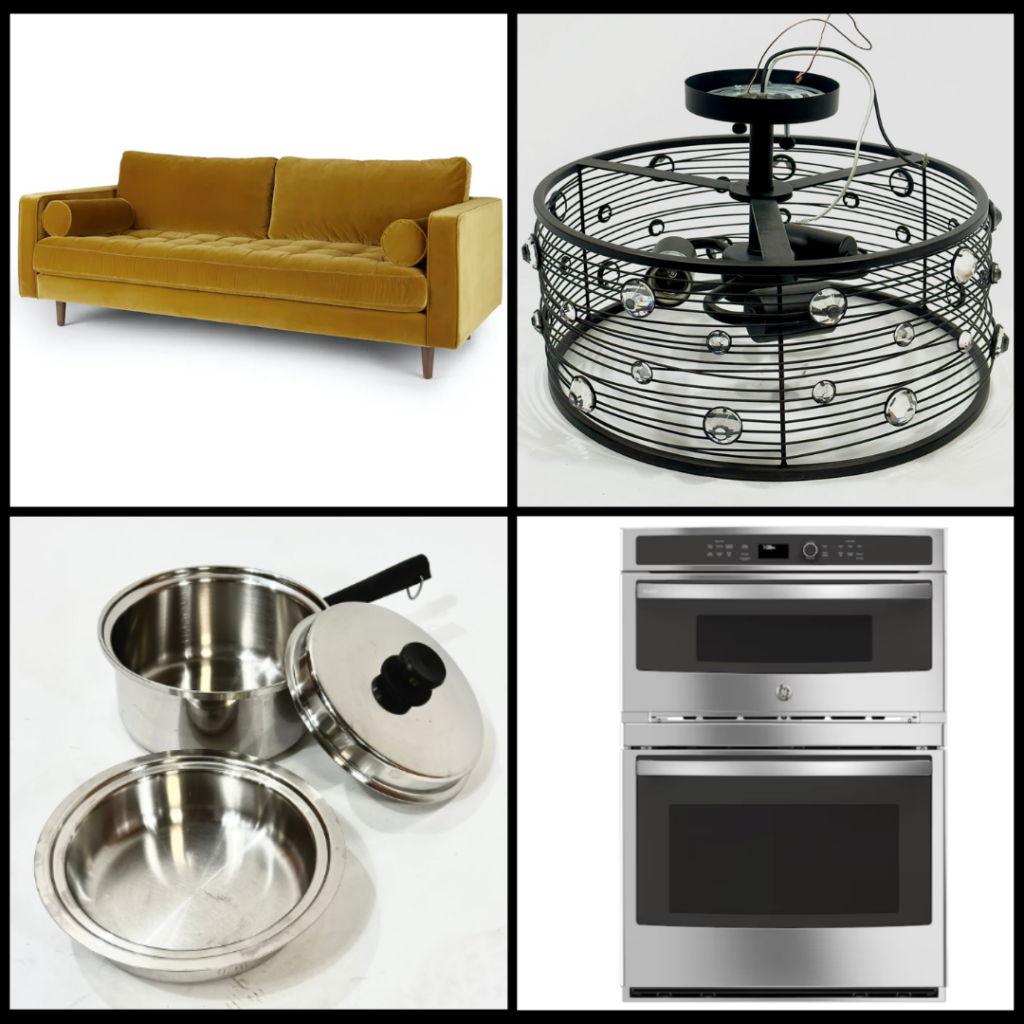 Images of tan sofa, black round light fixture, silver cooking pot set and double oven