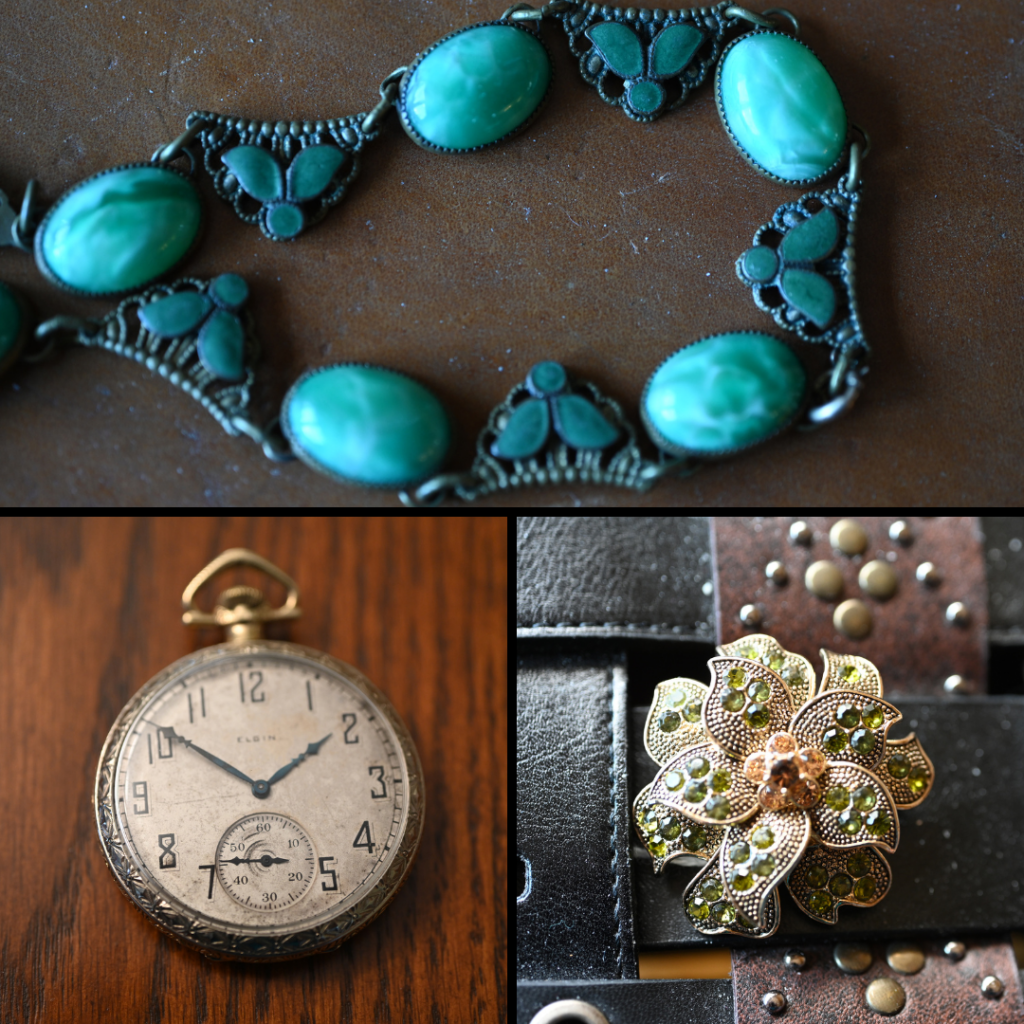 Turquoise necklace, pocket watch, and floral jeweled brooch