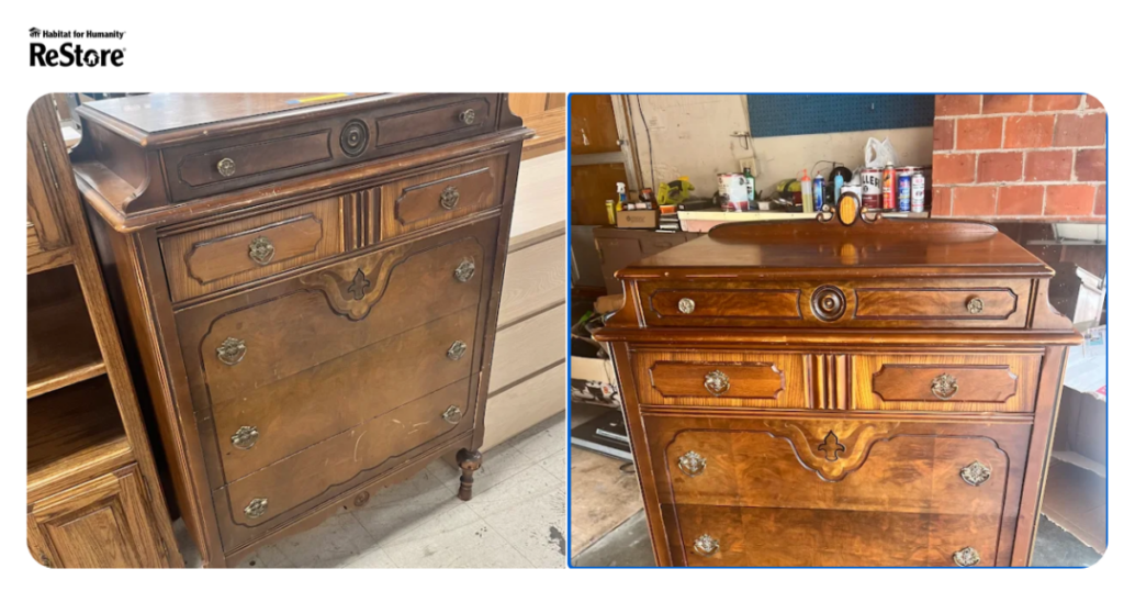 A before and after photo of the tallboy vintage dresser with and without wood oil shine